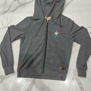 Aviator Nation Gray and Blue Zip-Up Jacket with Lightning Bolt